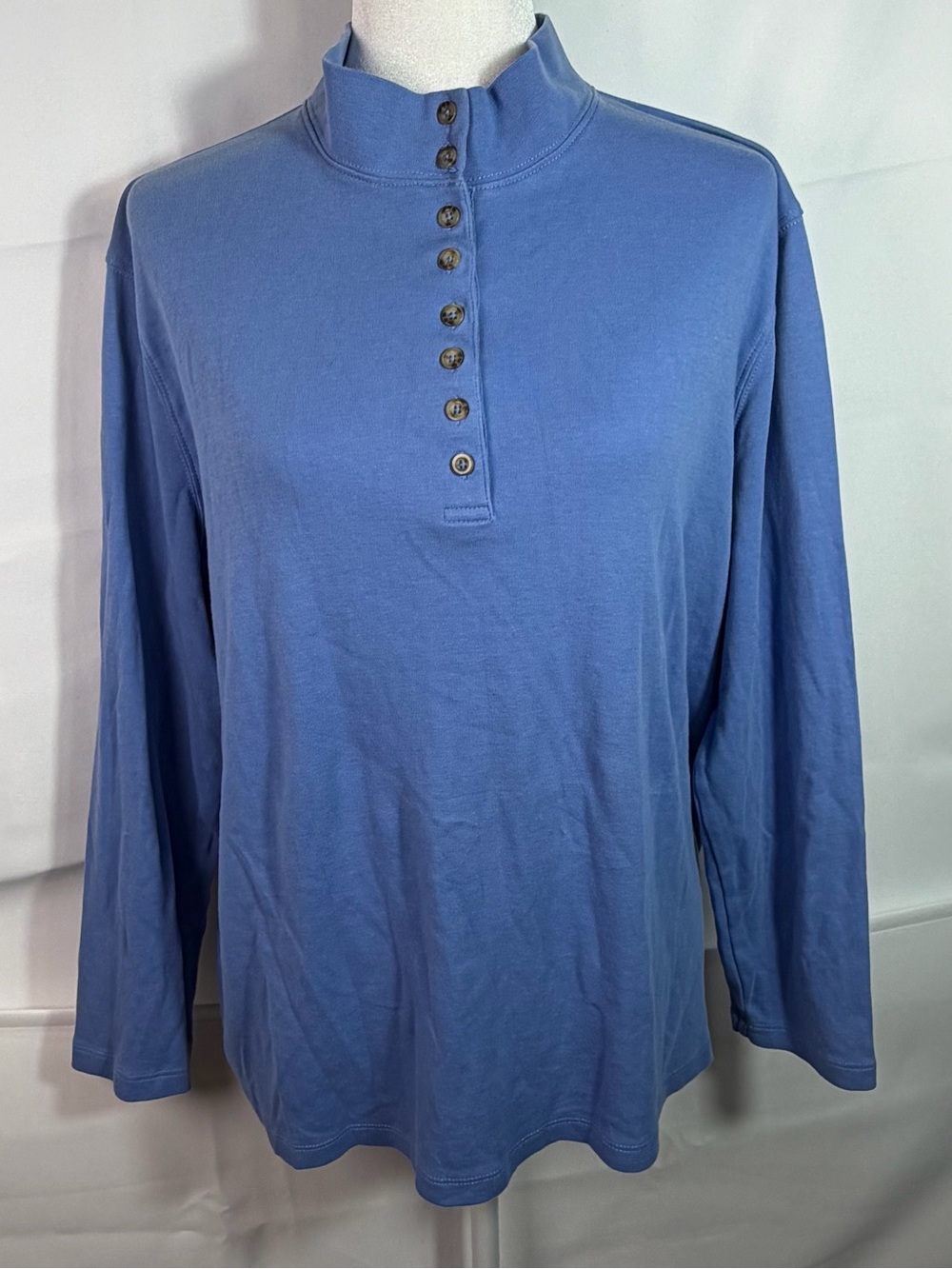 Appleseed's Women's 2X Blue Mock Neck Button Placket Long Sleeve Knit Top Henley
